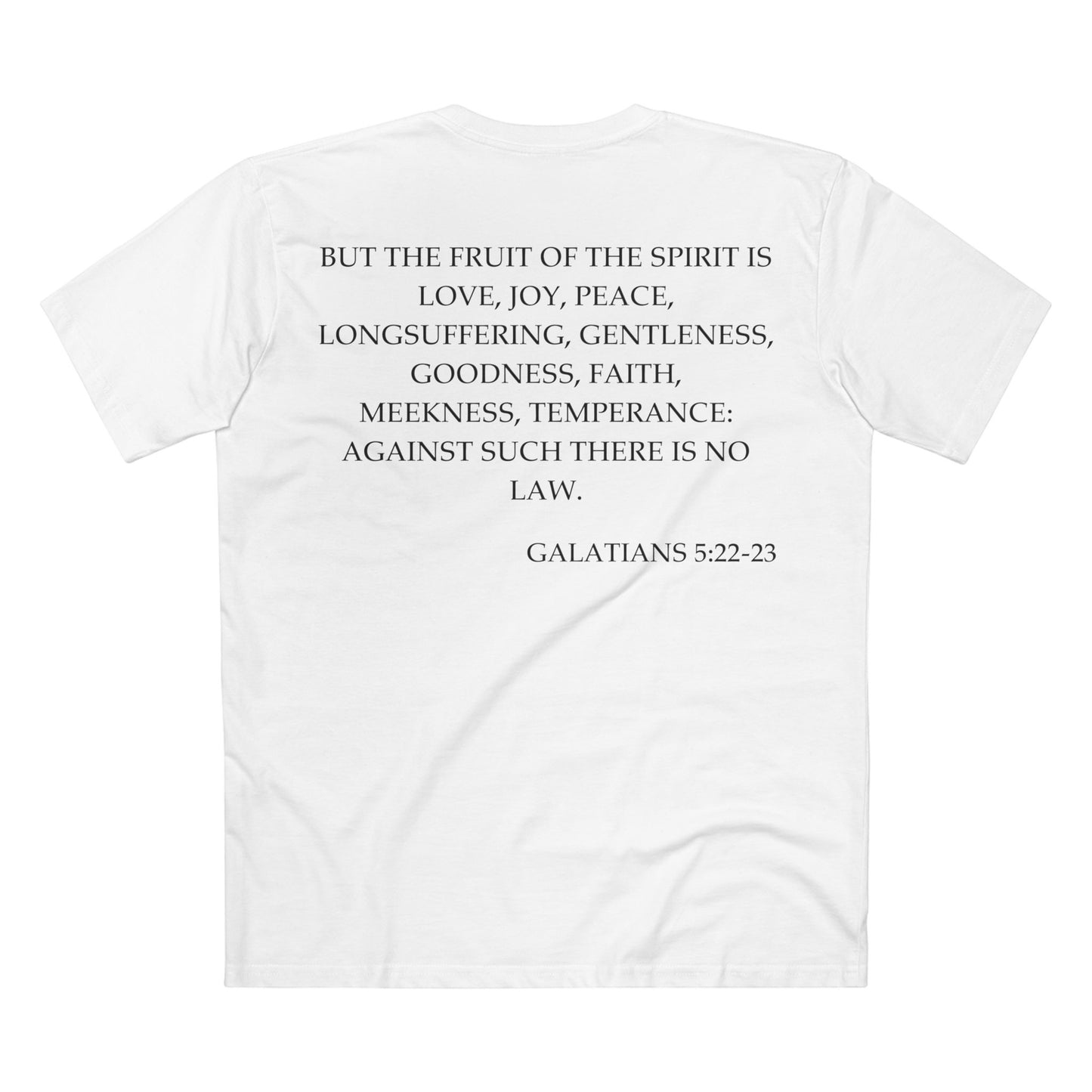 Back of Surrendered Apparel white Christian T-shirt featuring the Bible verse Galatians 5:22-23 in bold text, perfect for sharing faith and Jesus