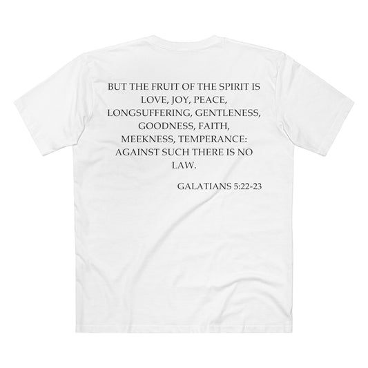 Back of Surrendered Apparel white Christian T-shirt featuring the Bible verse Galatians 5:22-23 in bold text, perfect for sharing faith and Jesus