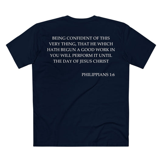 Back of Surrendered Apparel navy Christian T-shirt featuring the Bible verse Philippians 1:6 in bold text, perfect for sharing faith and Jesus