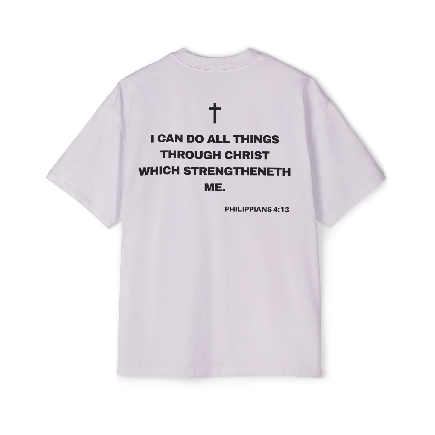 Back of Surrendered Apparel lavender oversized Christian T-shirt featuring the Bible verse Philippians 4:13 in bold text, cross on top, providing a cozy fit perfect for cooler days and sharing faith