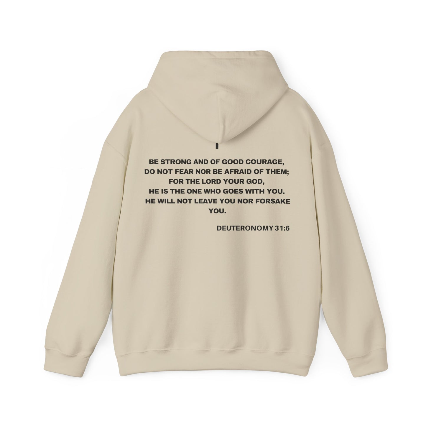 Back of Surrendered Apparel cream Christian hoodie featuring the Bible verse Deuteronomy 31:6 in bold teal and black text, with a comfortable fit, perfect for sharing Jesus and staying warm on chilly days