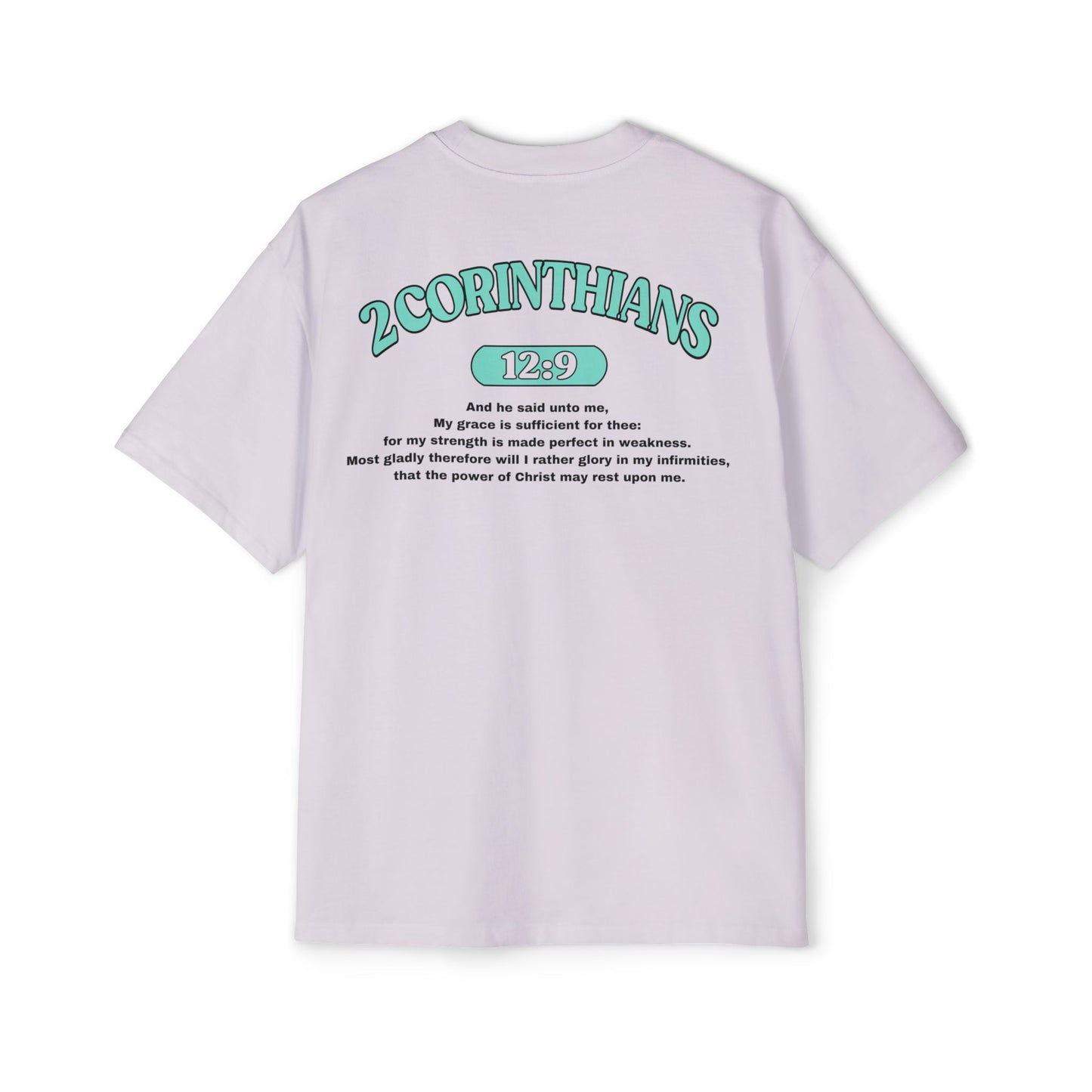 Back of Surrendered Apparel lavender oversized Christian T-shirt featuring the Bible verse 2 Corinthians 12:9 in bold teal and black text, providing a cozy fit perfect for cooler days and sharing faith.