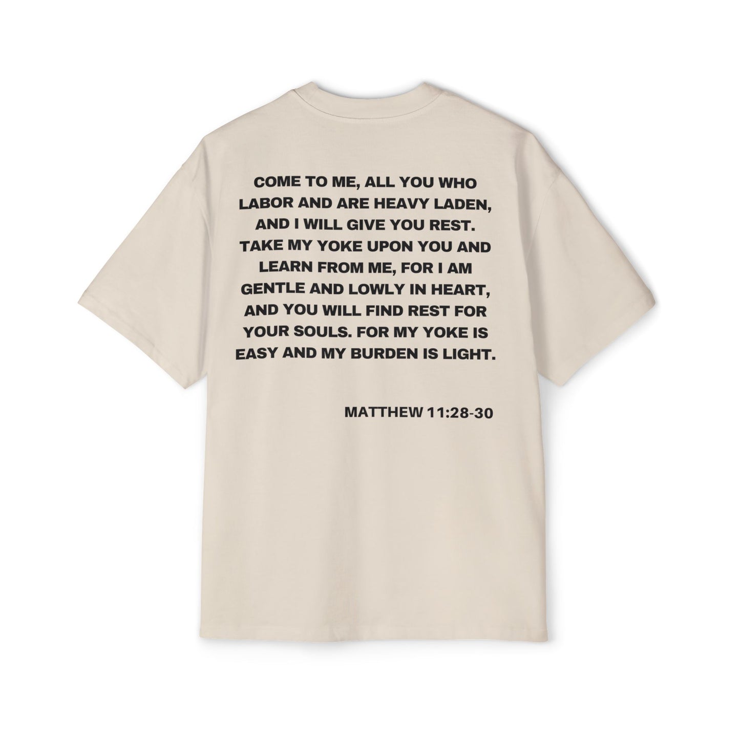 Back of Surrendered Apparel cream oversized Christian T-shirt featuring the Bible verse Matthew 11:28-30 in bold text, providing a cozy fit perfect for cooler days and sharing faith