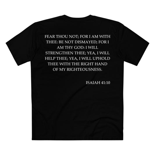 Back of Surrendered Apparel black Christian T-shirt featuring the Bible verse Isaiah 41:10 in bold text, perfect for sharing faith and Jesus