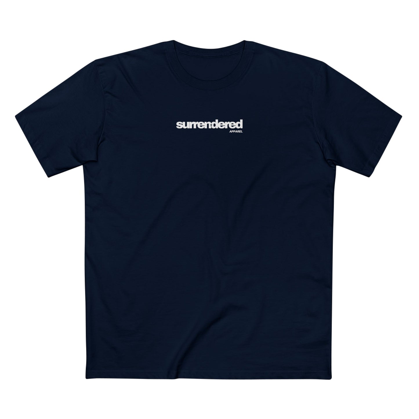 Surrendered Apparel navy Christian T-shirt featuring the Surrendered apparel logo in white