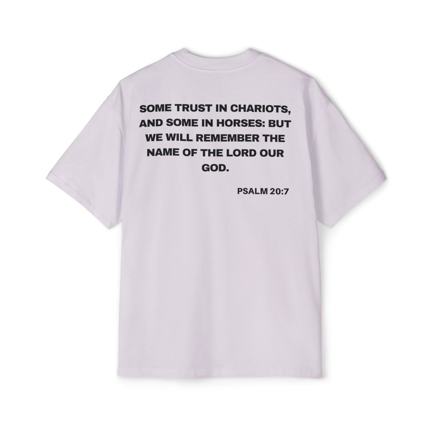 Back of Surrendered Apparel lavender oversized Christian T-shirt featuring the Bible verse Psalm 20:7 in bold text, providing a cozy fit perfect for cooler days and sharing faith.