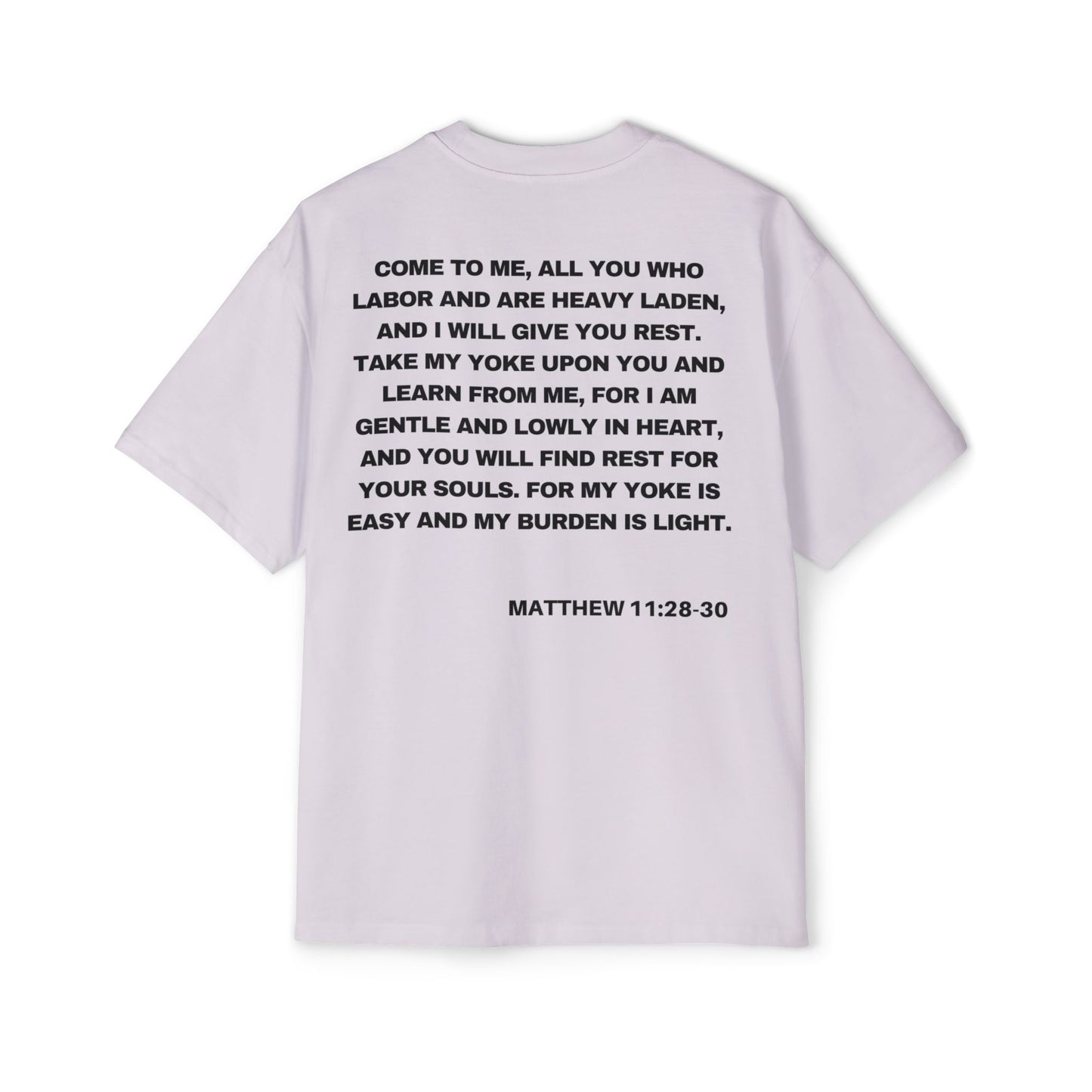 Back of Surrendered Apparel lavender oversized Christian T-shirt featuring the Bible verse Matthew 11:28-30 in bold text, providing a cozy fit perfect for cooler days and sharing faith