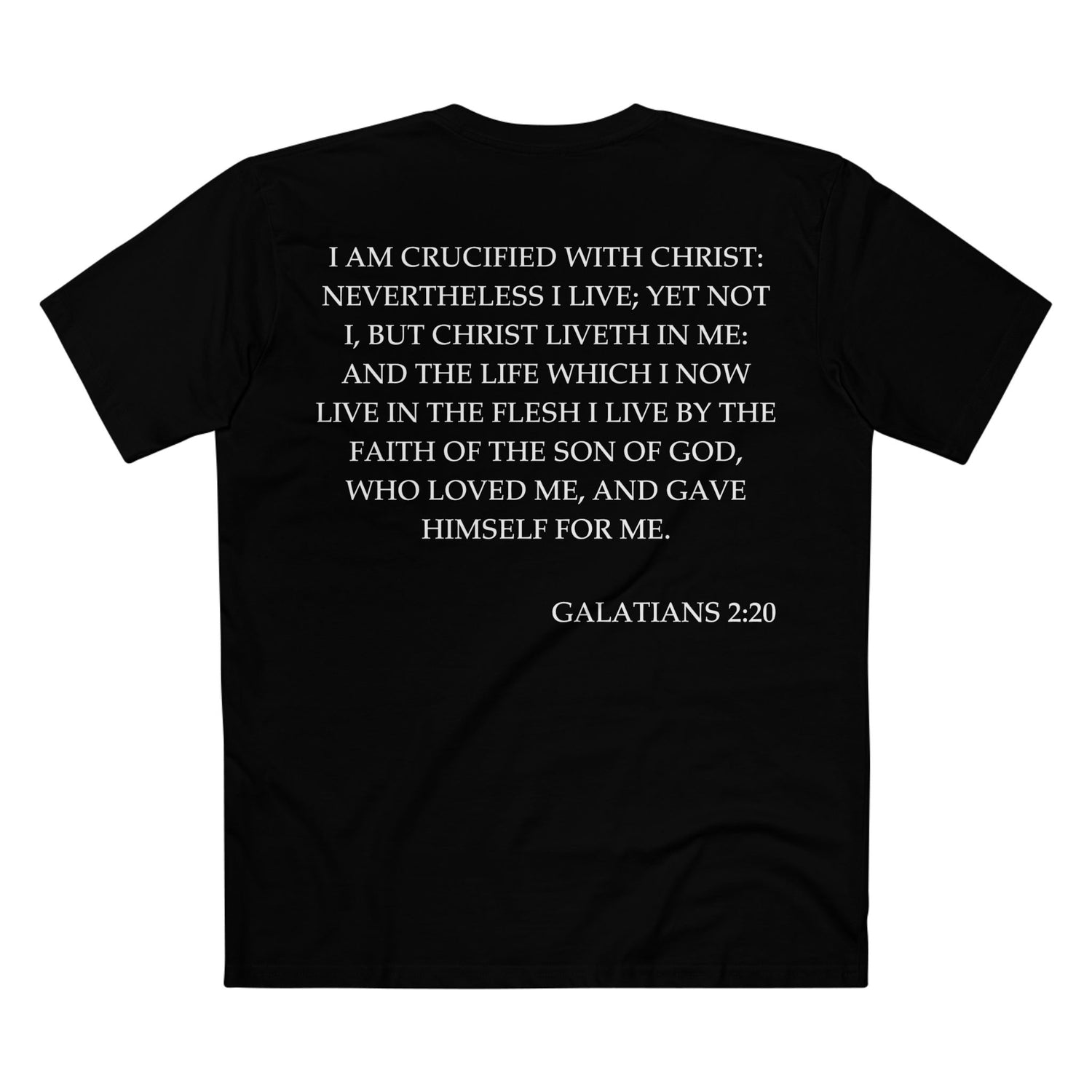 Back of Surrendered Apparel black Christian T-shirt featuring the Bible verse Galatians 2:20 in bold white text, perfect for sharing faith and Jesus