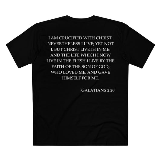 Back of Surrendered Apparel black Christian T-shirt featuring the Bible verse Galatians 2:20 in bold white text, perfect for sharing faith and Jesus