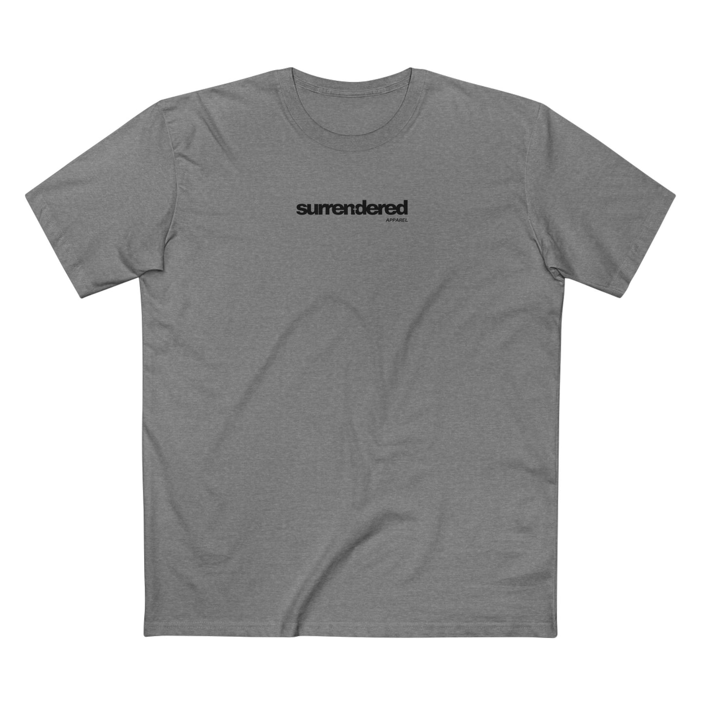 Surrendered Apparel grey Christian T-shirt featuring the Surrendered apparel logo in black