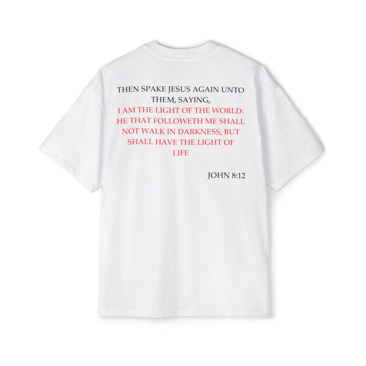 Back of Surrendered Apparel white oversized Christian T-shirt featuring the Bible verse John 8:12 in bold black and red text, providing a cozy fit perfect for cooler days and sharing faith.