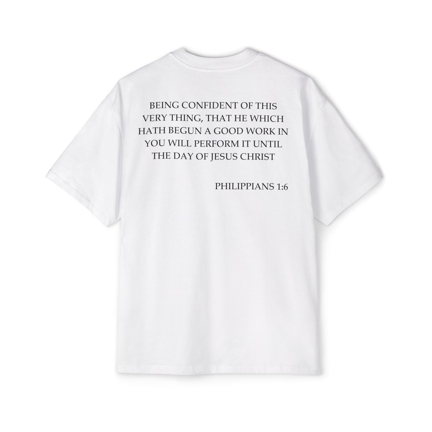 Back of Surrendered Apparel white oversized Christian T-shirt featuring the Bible verse Philippians 1:6 in bold text, providing a cozy fit perfect for cooler days and sharing faith