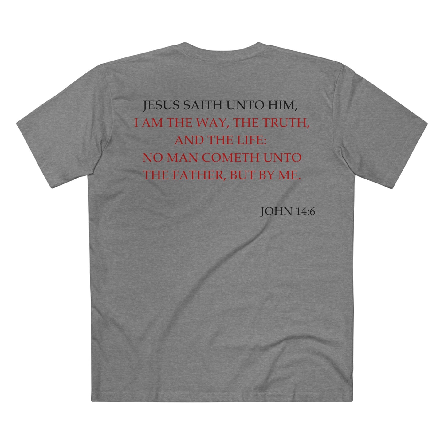 Back of Surrendered Apparel grey Christian T-shirt featuring the Bible verse John 14:6 in bold text, perfect for sharing faith and Jesus