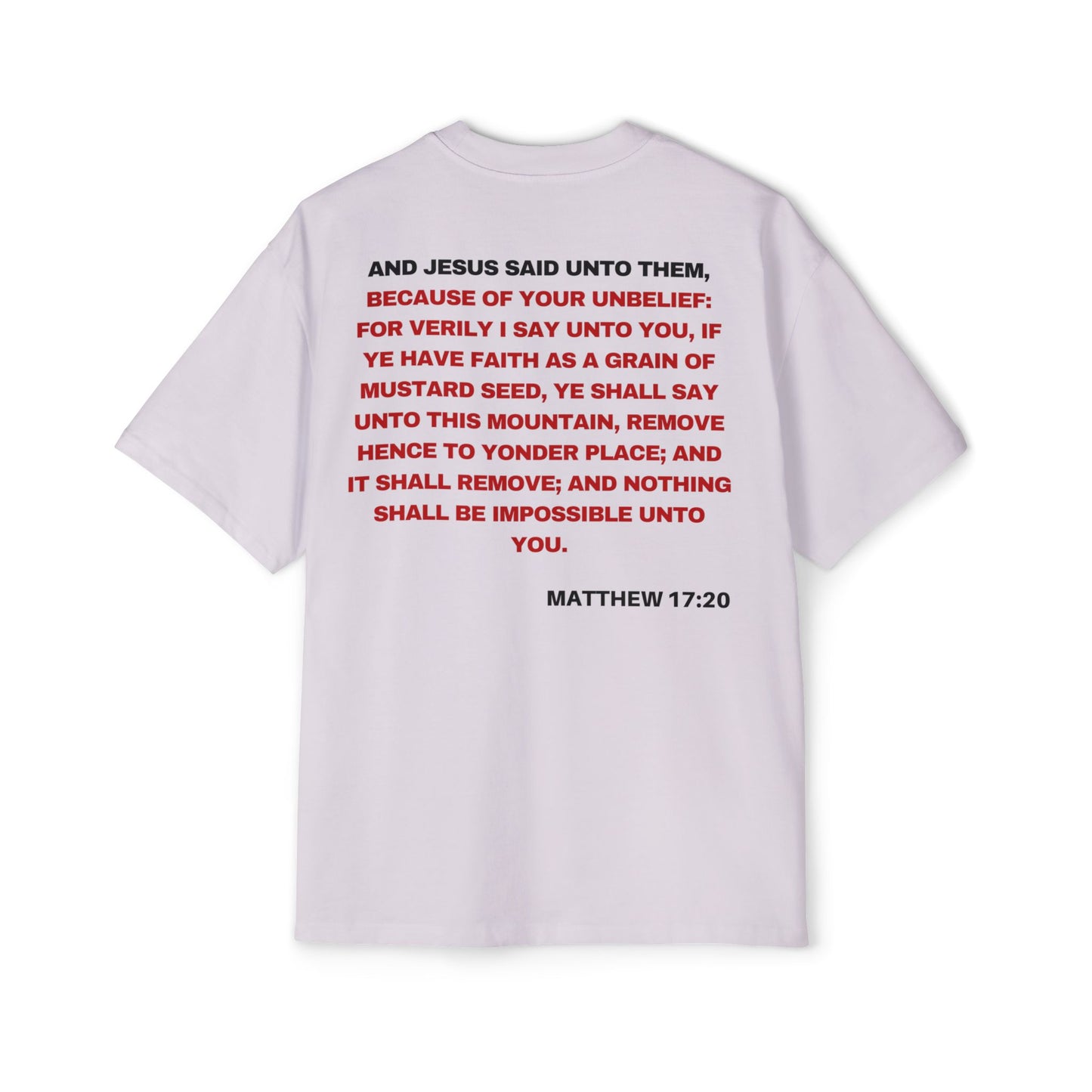 Back of Surrendered Apparel lavender oversized Christian T-shirt featuring the Bible verse Matthew 17:20 in bold text, providing a cozy fit perfect for cooler days and sharing faith.