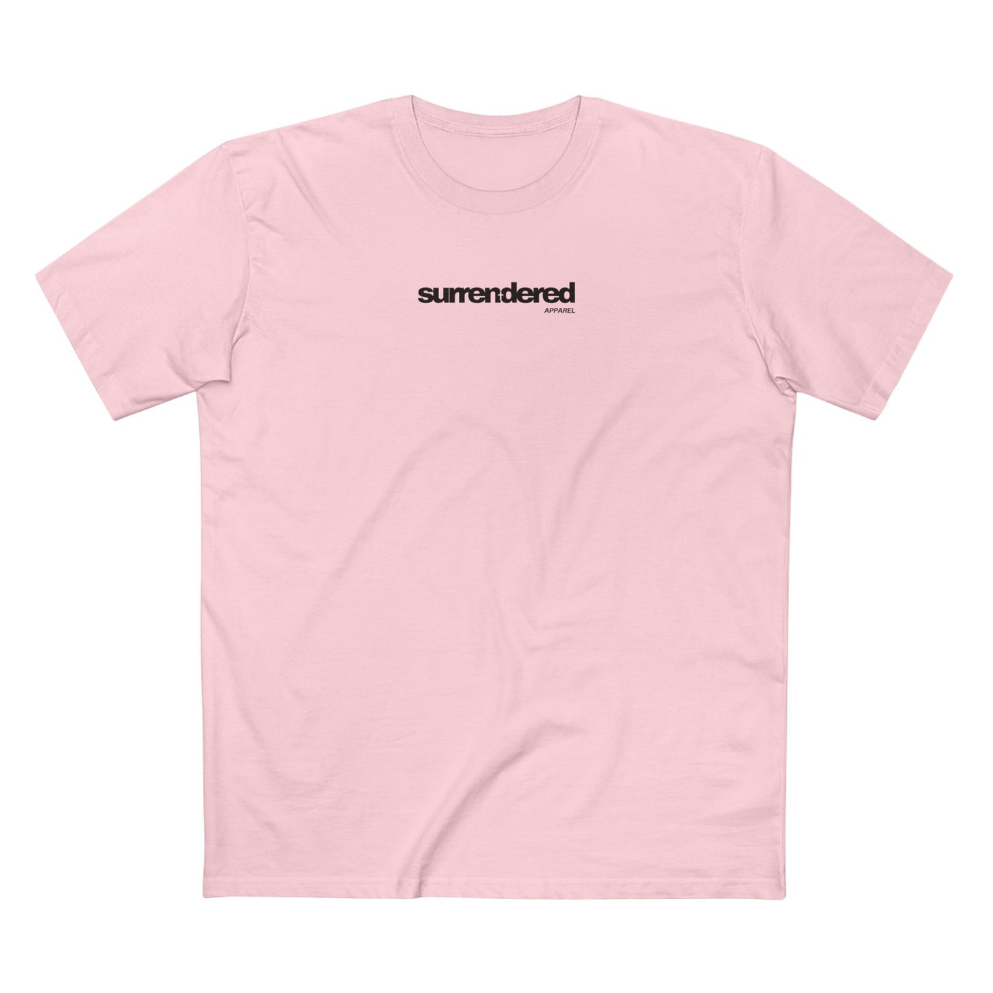 Surrendered Apparel pink Christian T-shirt featuring the Surrendered apparel logo in black