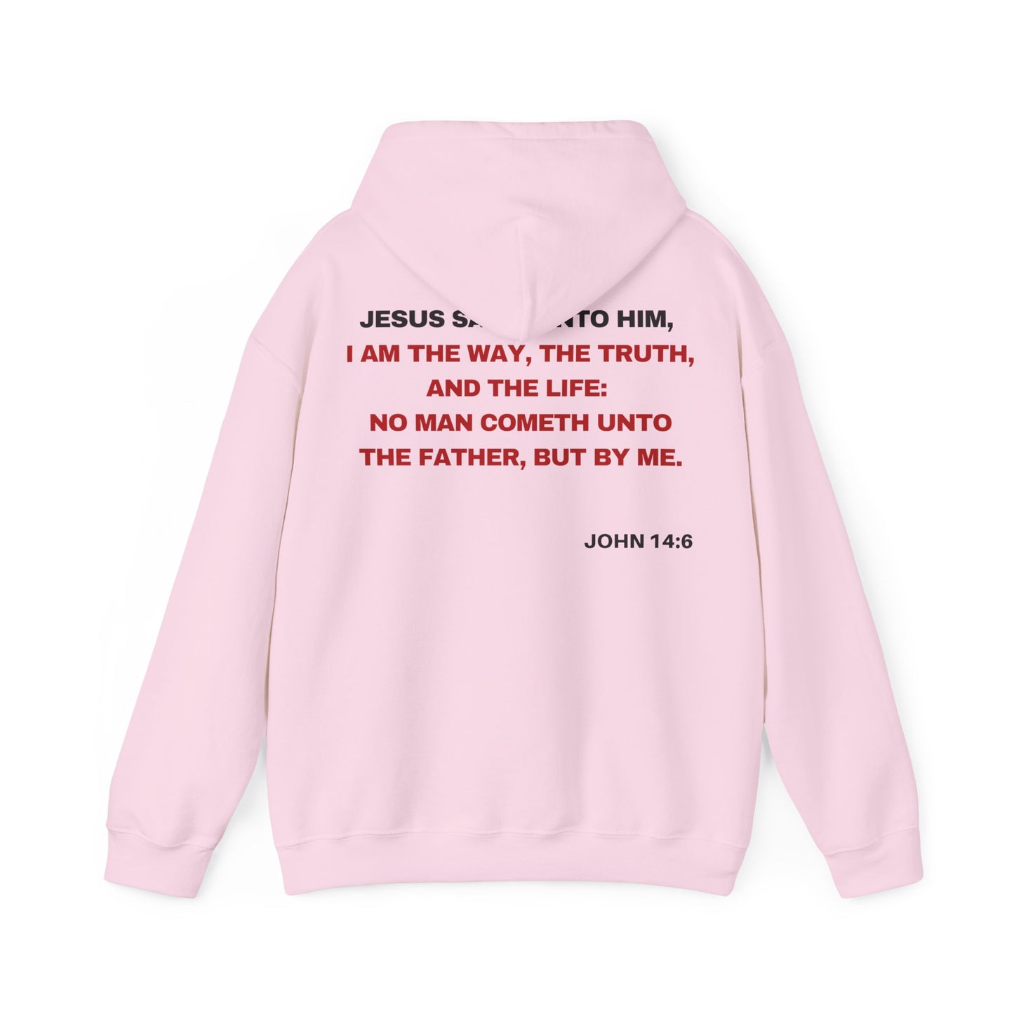 Back of Surrendered Apparel pink Christian hoodie featuring the Bible verse John 14:6 in bold text, with a comfortable fit, perfect for sharing Jesus and staying warm on chilly days