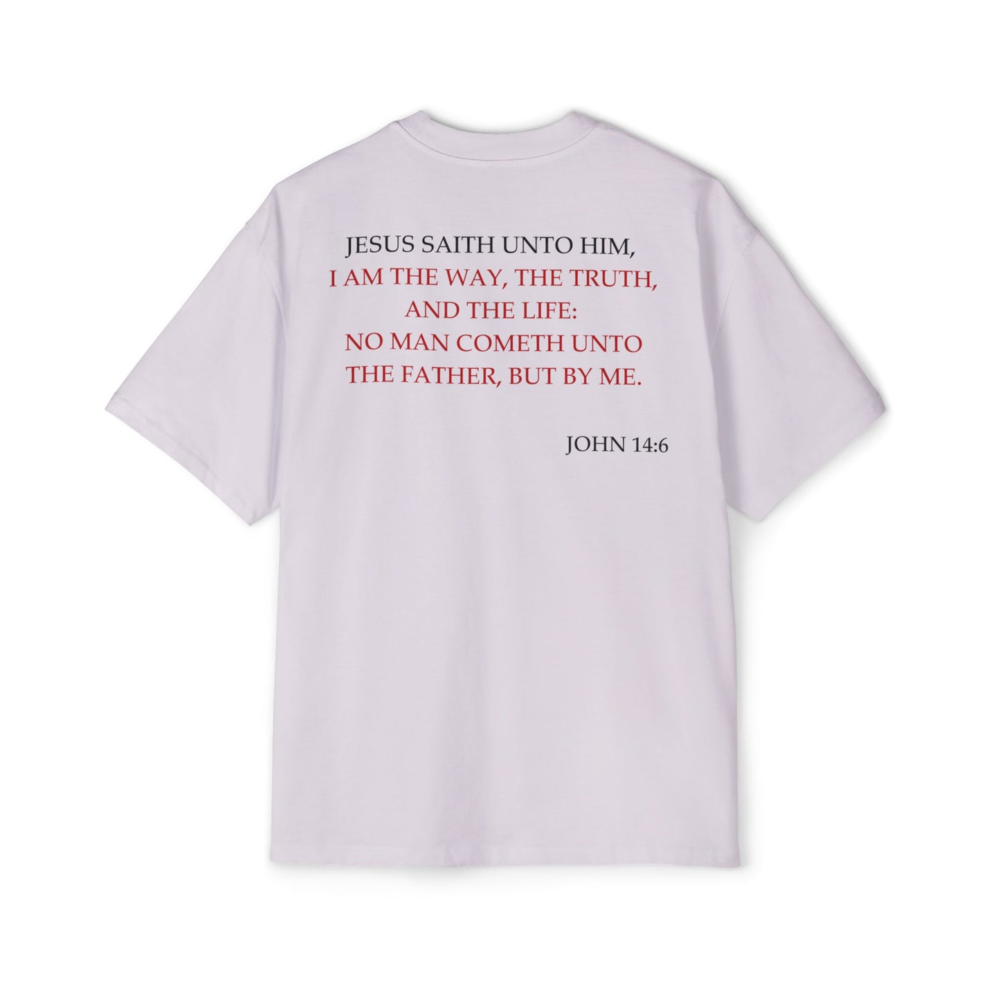 Back of Surrendered Apparel lavender oversized Christian T-shirt featuring the Bible verse John 14:6 in bold black and red text, providing a cozy fit perfect for cooler days and sharing faith.