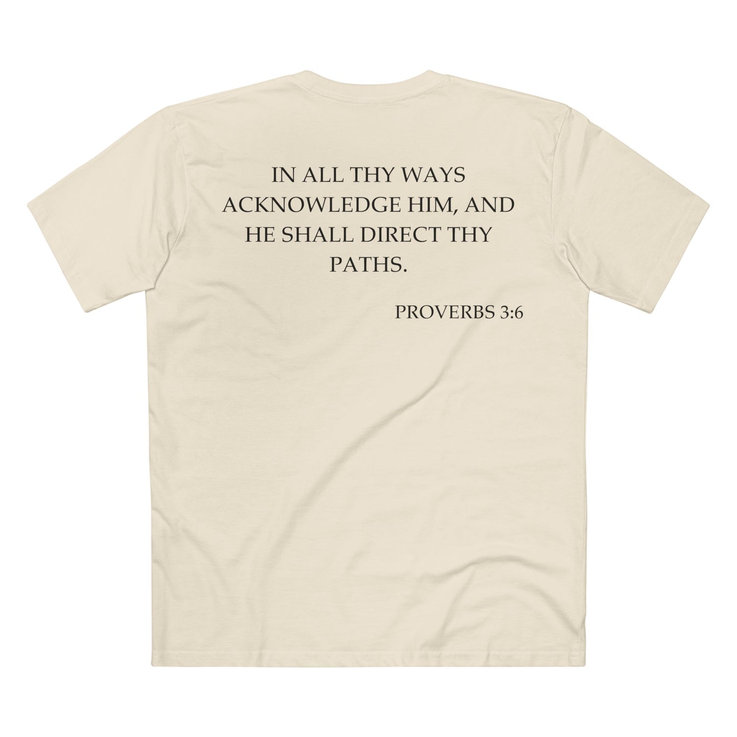 Back of Surrendered Apparel cream Christian T-shirt featuring the Bible verse Proverbs 3:6 in bold text, perfect for sharing faith and Jesus