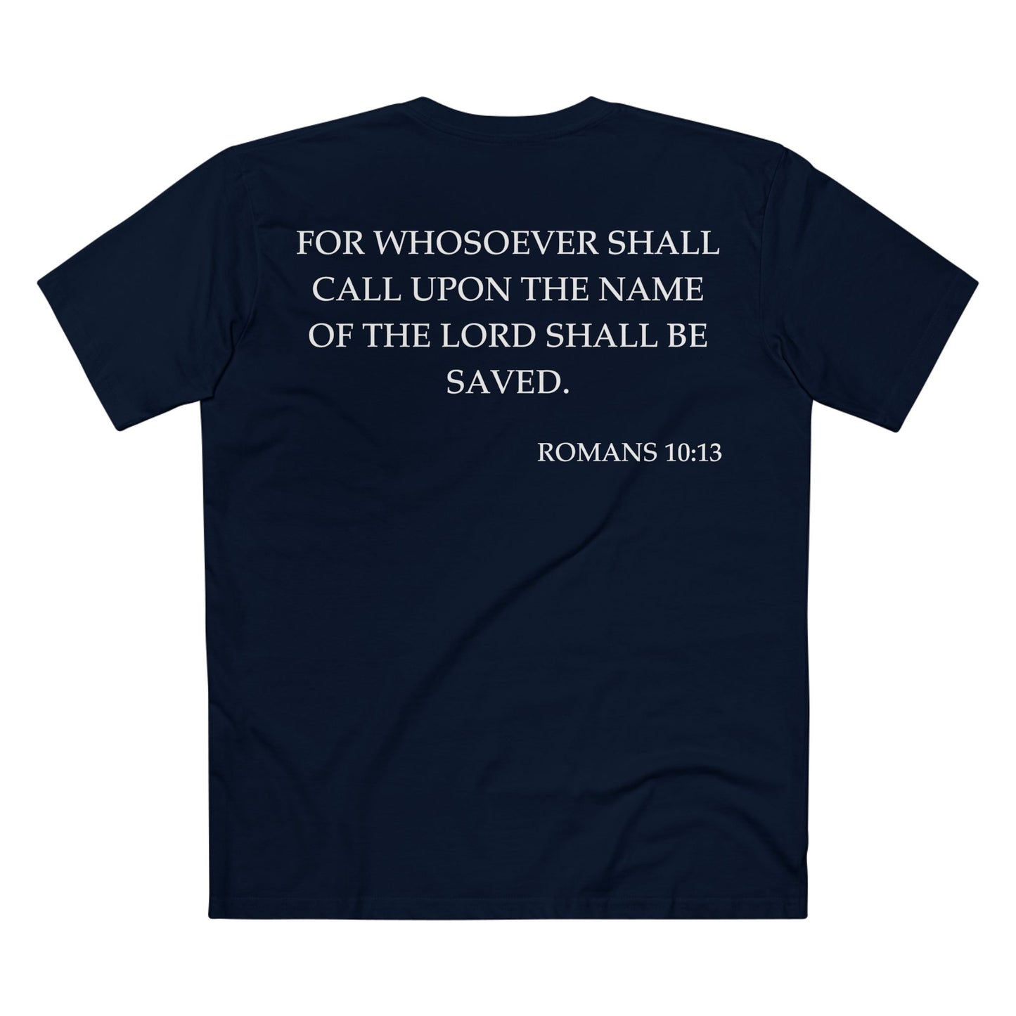 Back of Surrendered Apparel navy Christian T-shirt featuring the Bible verse Romans 10:13 in bold text, perfect for sharing faith and Jesus