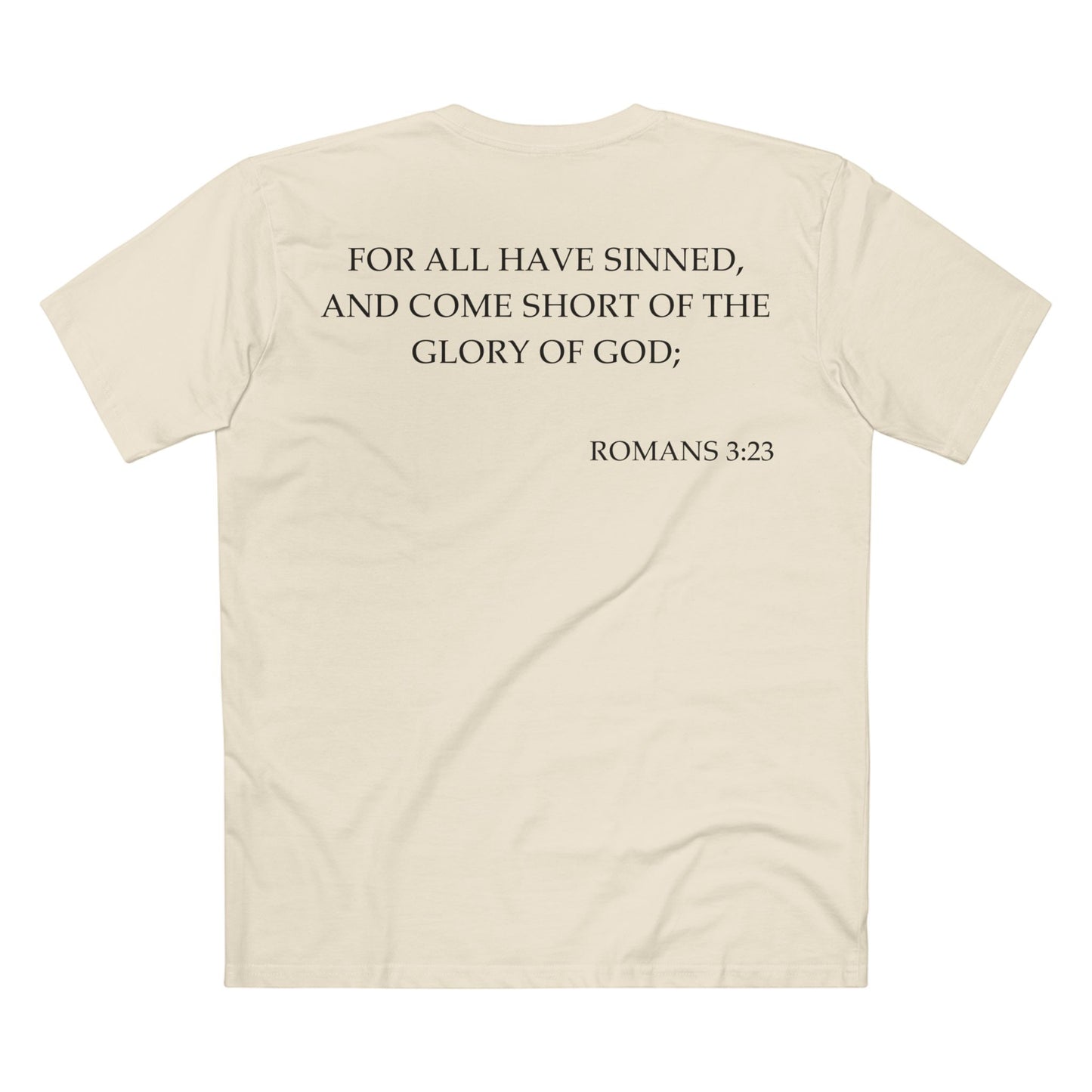 Back of Surrendered Apparel cream Christian T-shirt featuring the Bible verse Romans 3:23 in bold text, perfect for sharing faith and Jesus