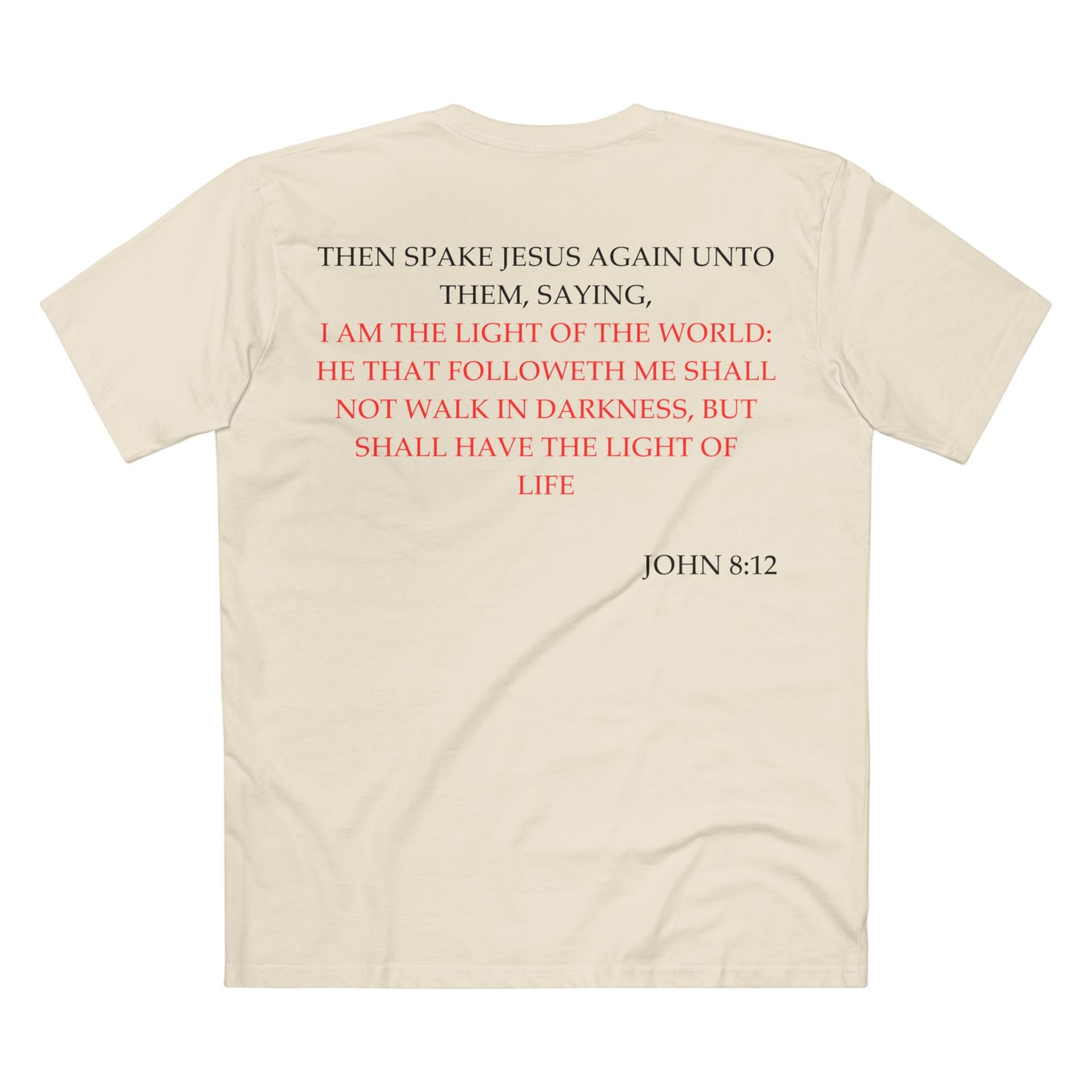 Back of Surrendered Apparel cream Christian T-shirt featuring the Bible verse John 8:12 in bold text, perfect for sharing faith and Jesus