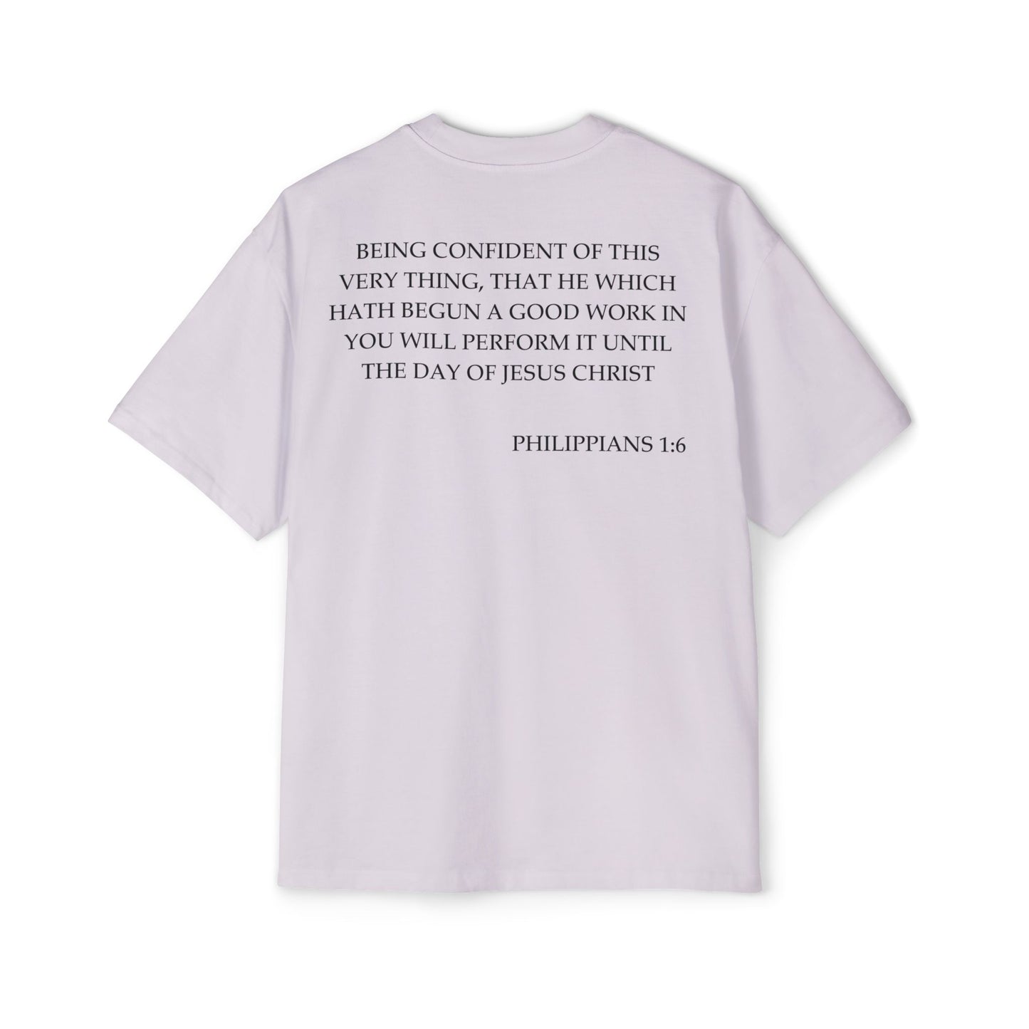 Back of Surrendered Apparel lavender oversized Christian T-shirt featuring the Bible verse Philippians 1:6 in bold text, providing a cozy fit perfect for cooler days and sharing faith