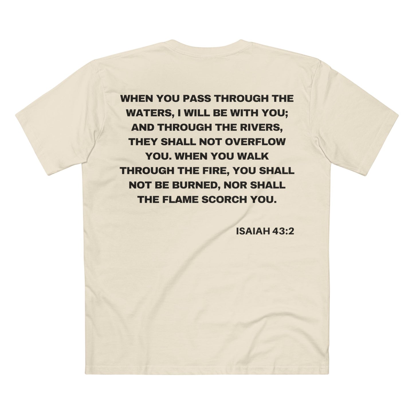 Back of Surrendered Apparel cream Christian T-shirt featuring the Bible verse Isaiah 43:2 in bold text, perfect for sharing faith and Jesus