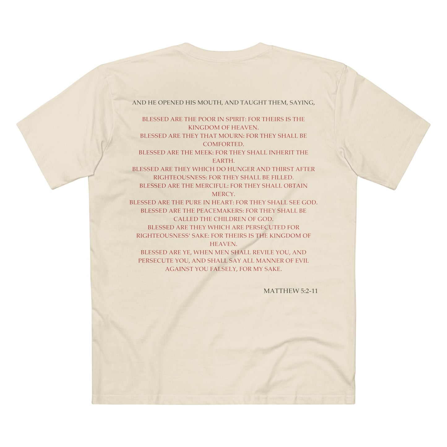 Back of Surrendered Apparel cream Christian T-shirt featuring the Bible verse Matthew 5:2-11 in bold text, perfect for sharing faith and Jesus