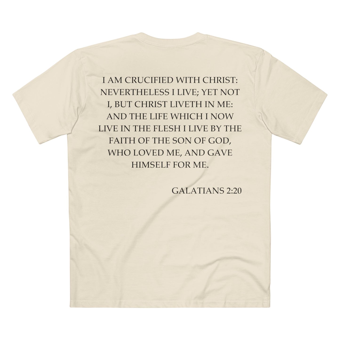 Back of Surrendered Apparel cream Christian T-shirt featuring the Bible verse Galatians 2:20 in bold black text, perfect for sharing faith and Jesus