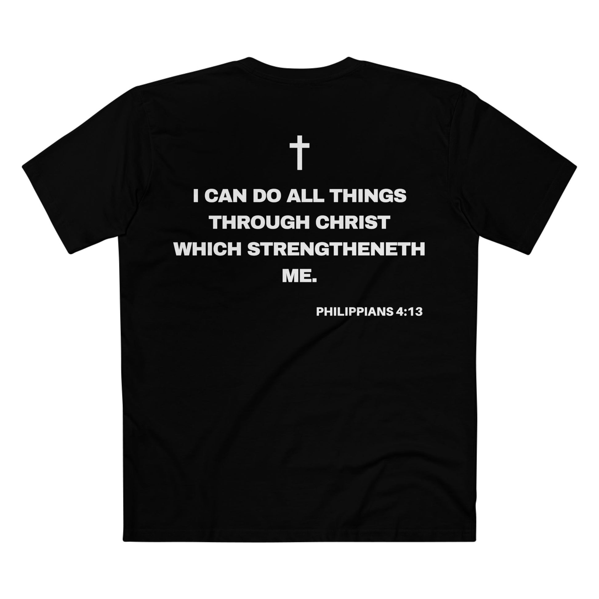 Back of Surrendered Apparel black Christian T-shirt featuring the Bible verse Philippians 4:13 in bold text, cross on top, perfect for sharing faith and Jesus