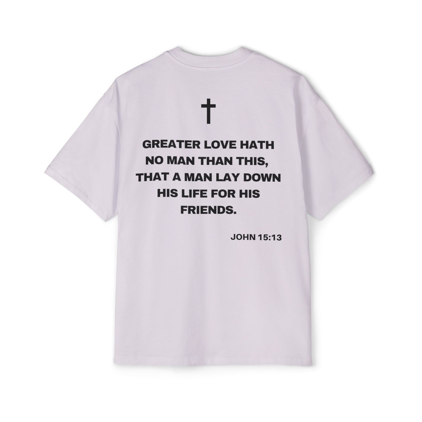 Back of Surrendered Apparel lavender oversized Christian T-shirt featuring the Bible verse John 15:13 in bold text, cross on top, providing a cozy fit perfect for cooler days and sharing faith