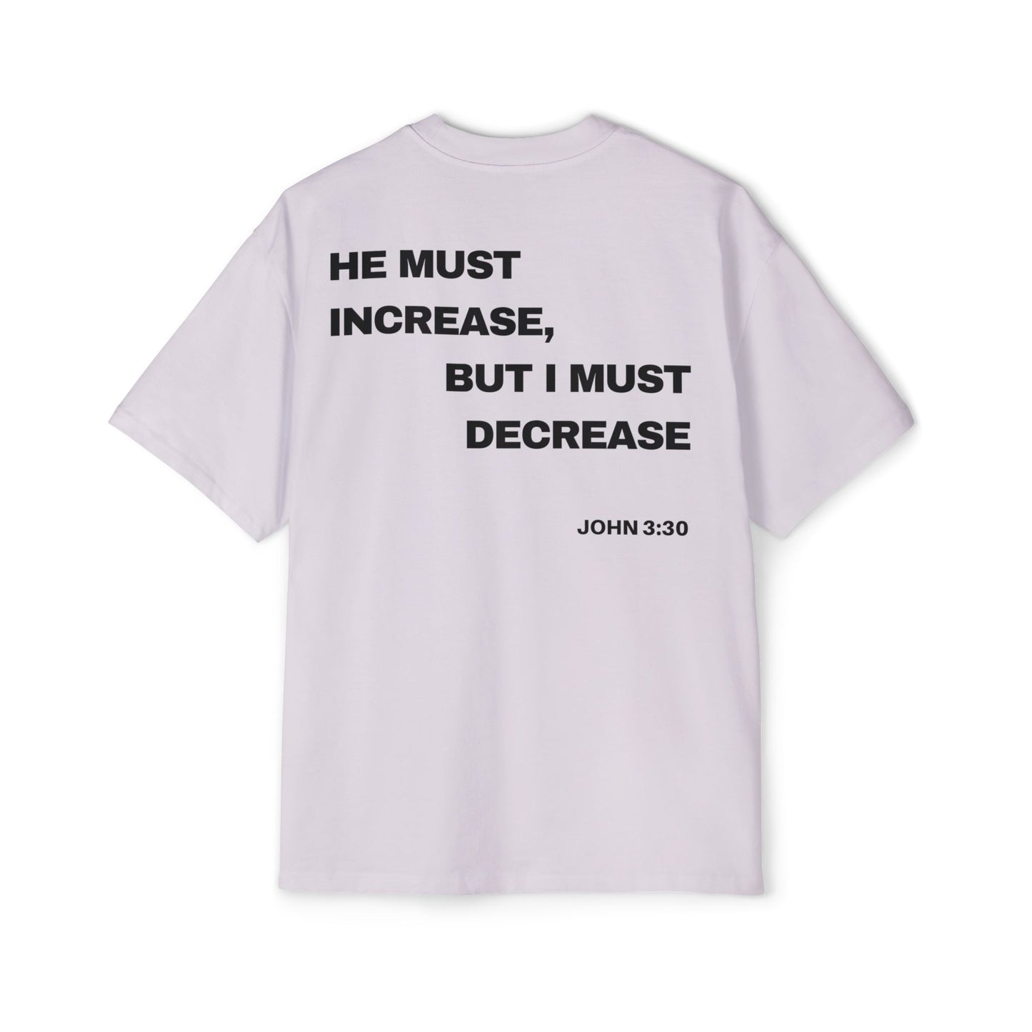 Back of Surrendered Apparel lavender oversized Christian T-shirt featuring the Bible verse John 3:30 in bold text, providing a cozy fit perfect for cooler days and sharing faith.