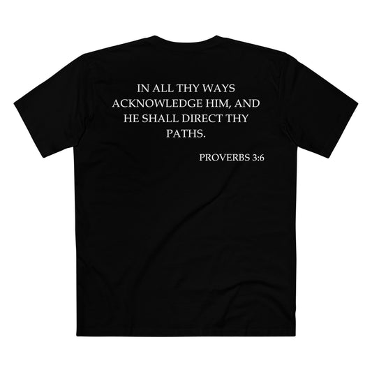 Back of Surrendered Apparel black Christian T-shirt featuring the Bible verse Proverbs 3:6 in bold text, perfect for sharing faith and Jesus