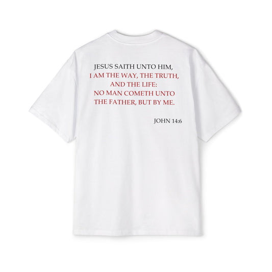 Back of Surrendered Apparel white oversized Christian T-shirt featuring the Bible verse John 14:6 in bold black and red text, providing a cozy fit perfect for cooler days and sharing faith.