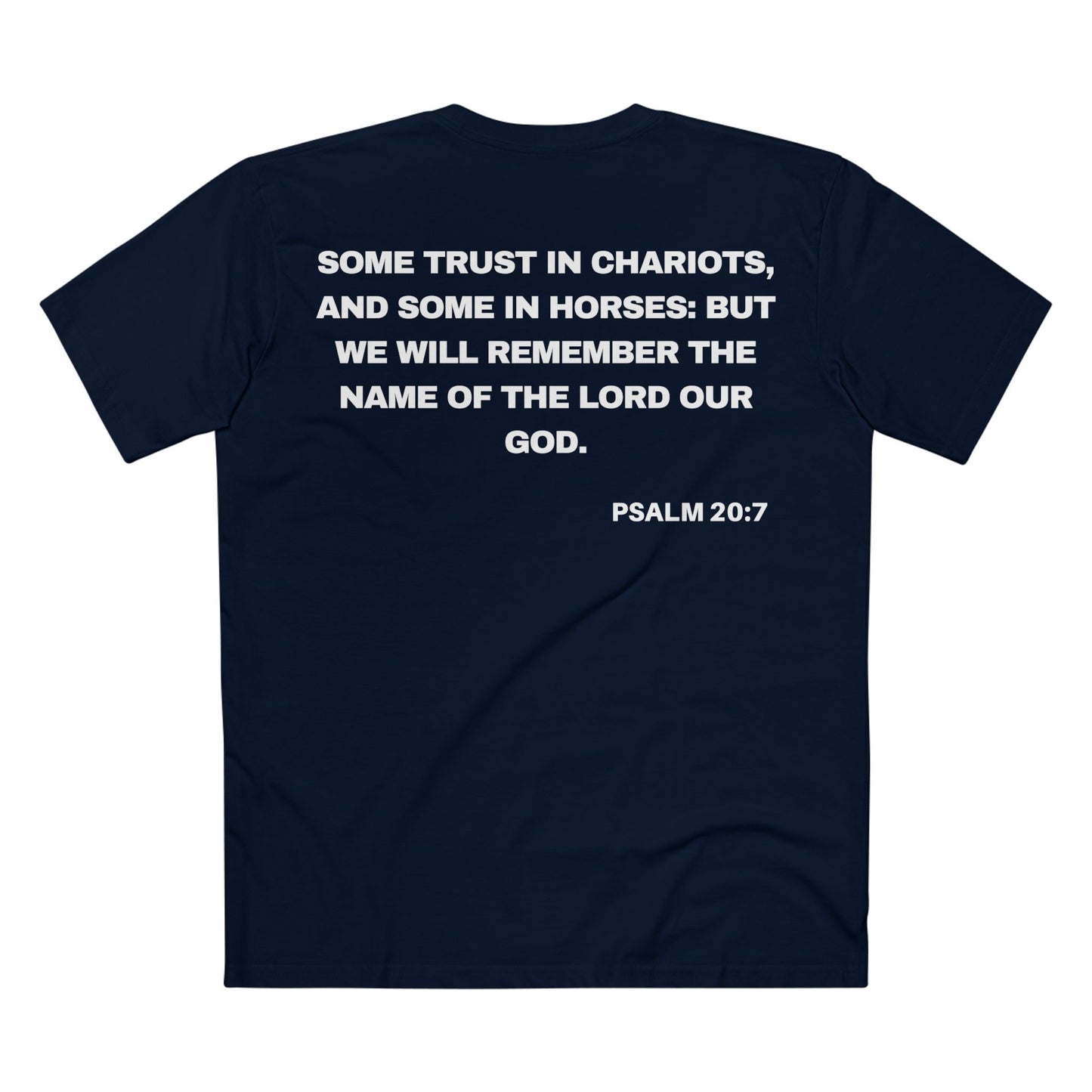 Back of Surrendered Apparel navy Christian T-shirt featuring the Bible verse psalm 20:7 in bold text, perfect for sharing faith and Jesus