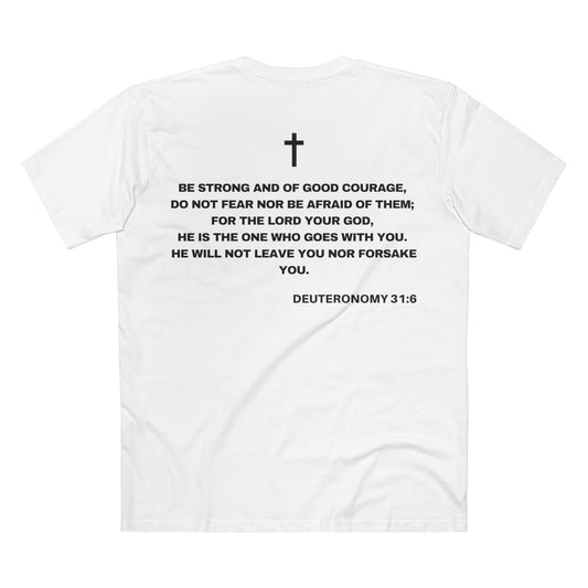 Back of Surrendered Apparel white Christian T-shirt featuring the Bible verse Deuteronomy 31:6 in bold black text and a cross above text, perfect for sharing faith and Jesus