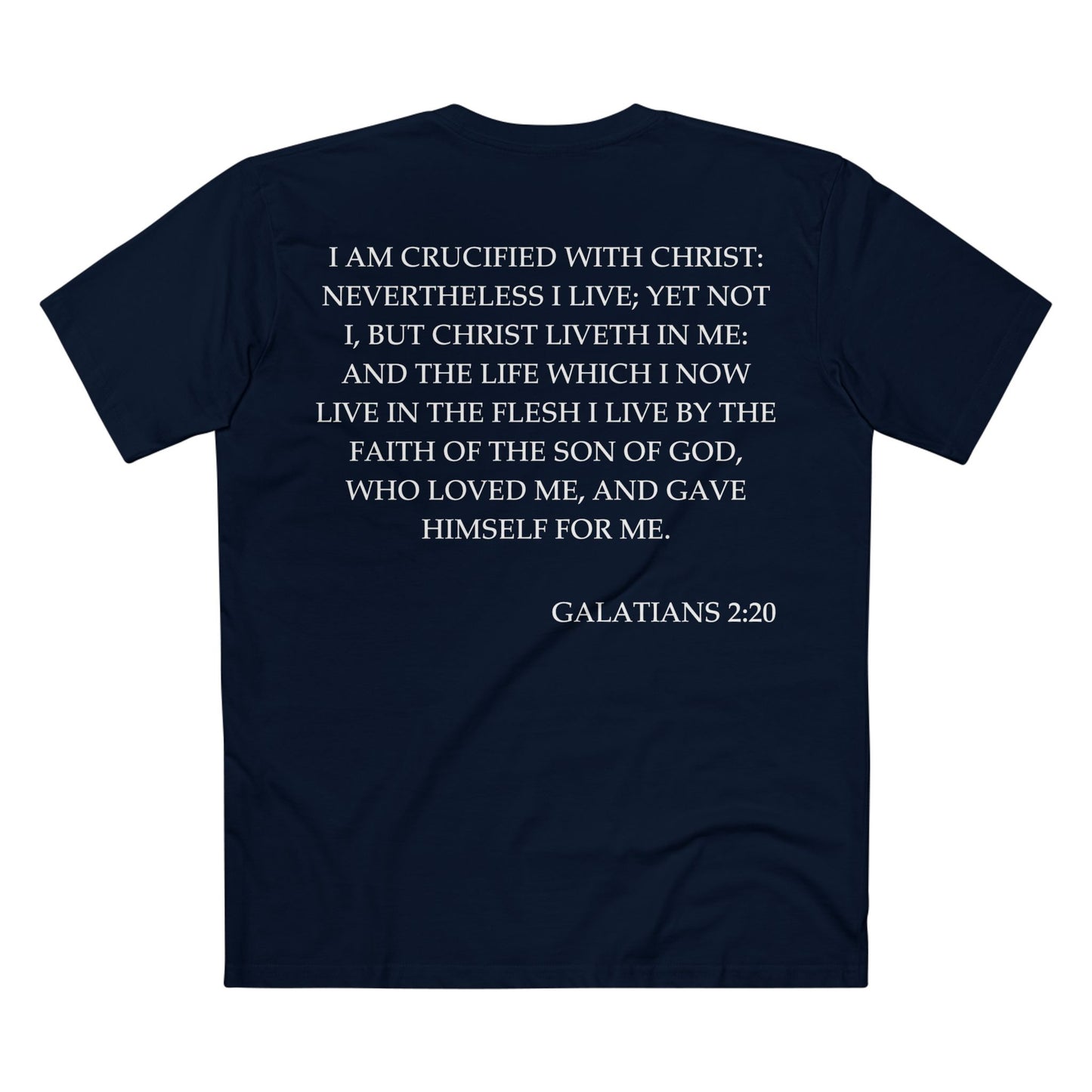 Back of Surrendered Apparel navy Christian T-shirt featuring the Bible verse Galatians 2:20 in bold white text, perfect for sharing faith and Jesus