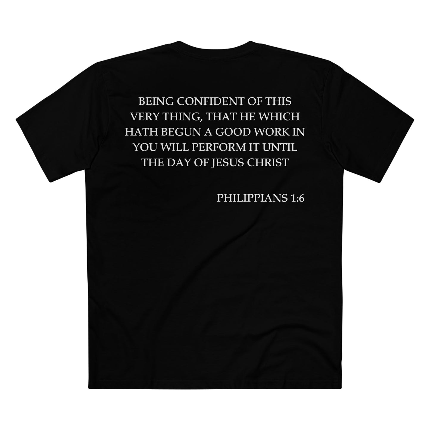 Back of Surrendered Apparel black Christian T-shirt featuring the Bible verse Philippians 1:6 in bold text, perfect for sharing faith and Jesus