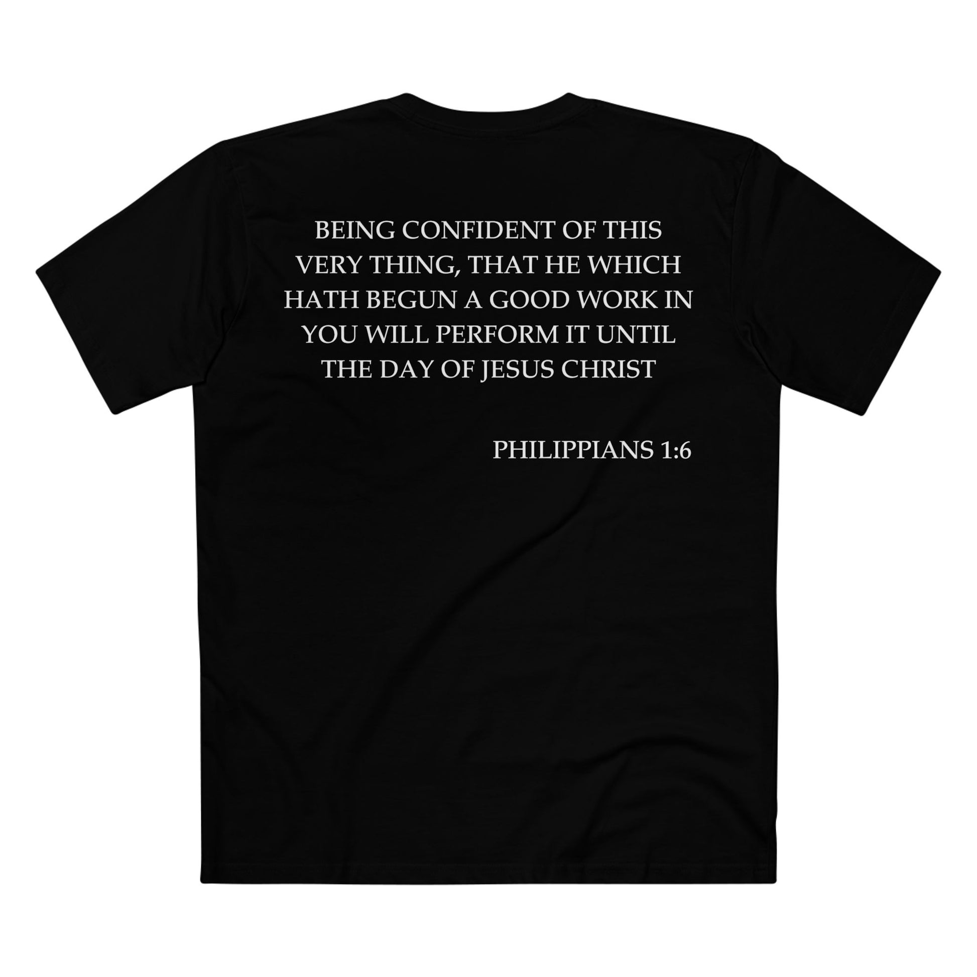 Back of Surrendered Apparel black Christian T-shirt featuring the Bible verse Philippians 1:6 in bold text, perfect for sharing faith and Jesus