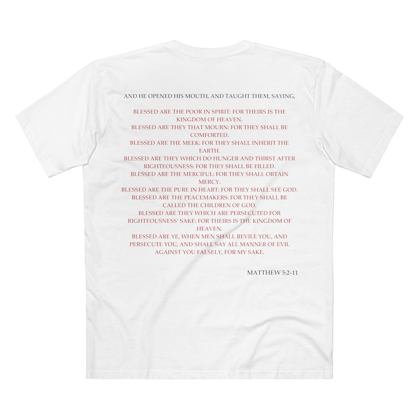 Back of Surrendered Apparel white Christian T-shirt featuring the Bible verse Matthew 5:2-11 in bold text, perfect for sharing faith and Jesus