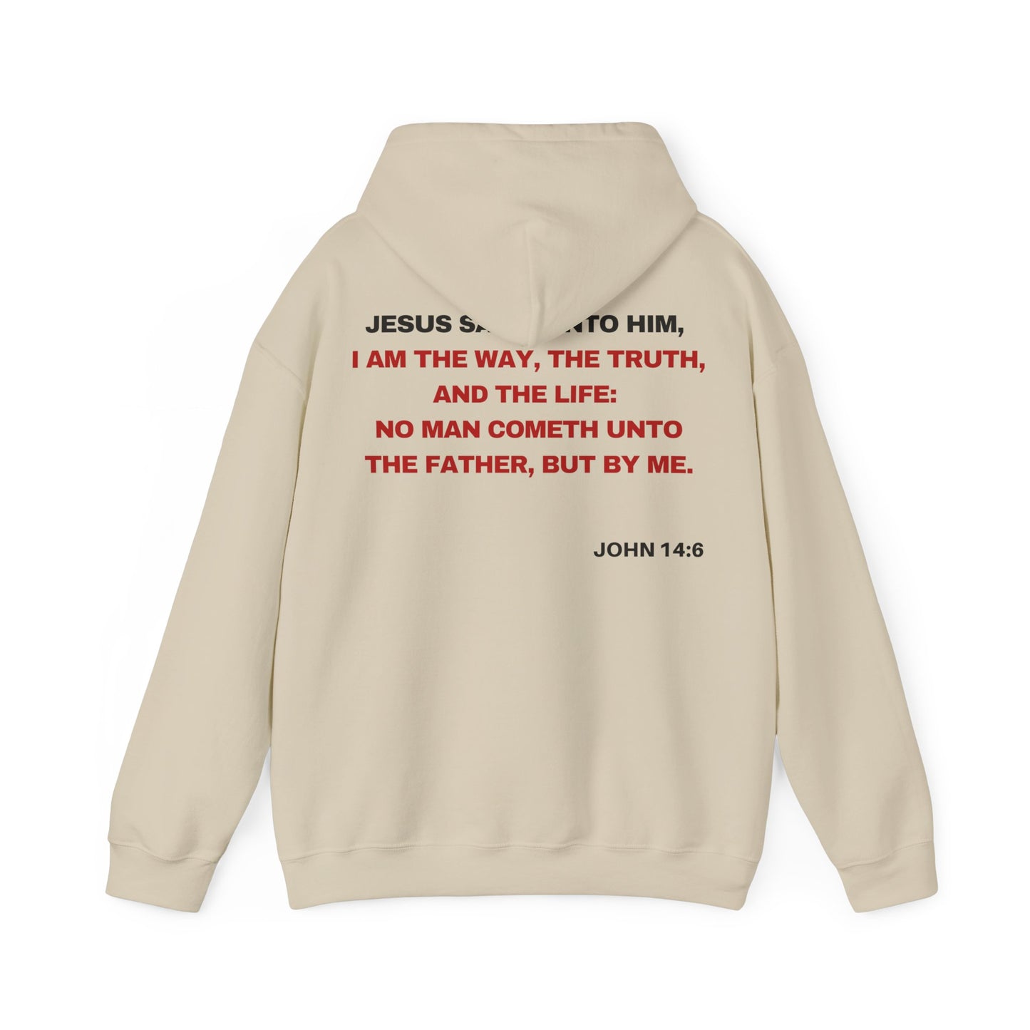 Back of Surrendered Apparel cream Christian hoodie featuring the Bible verse John 14:6 in bold text, with a comfortable fit, perfect for sharing Jesus and staying warm on chilly days