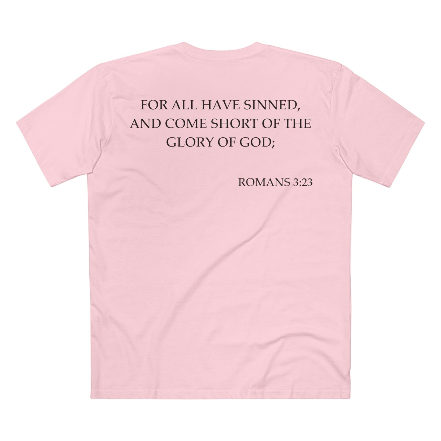 Back of Surrendered Apparel pink Christian T-shirt featuring the Bible verse Romans 3:23 in bold text, perfect for sharing faith and Jesus