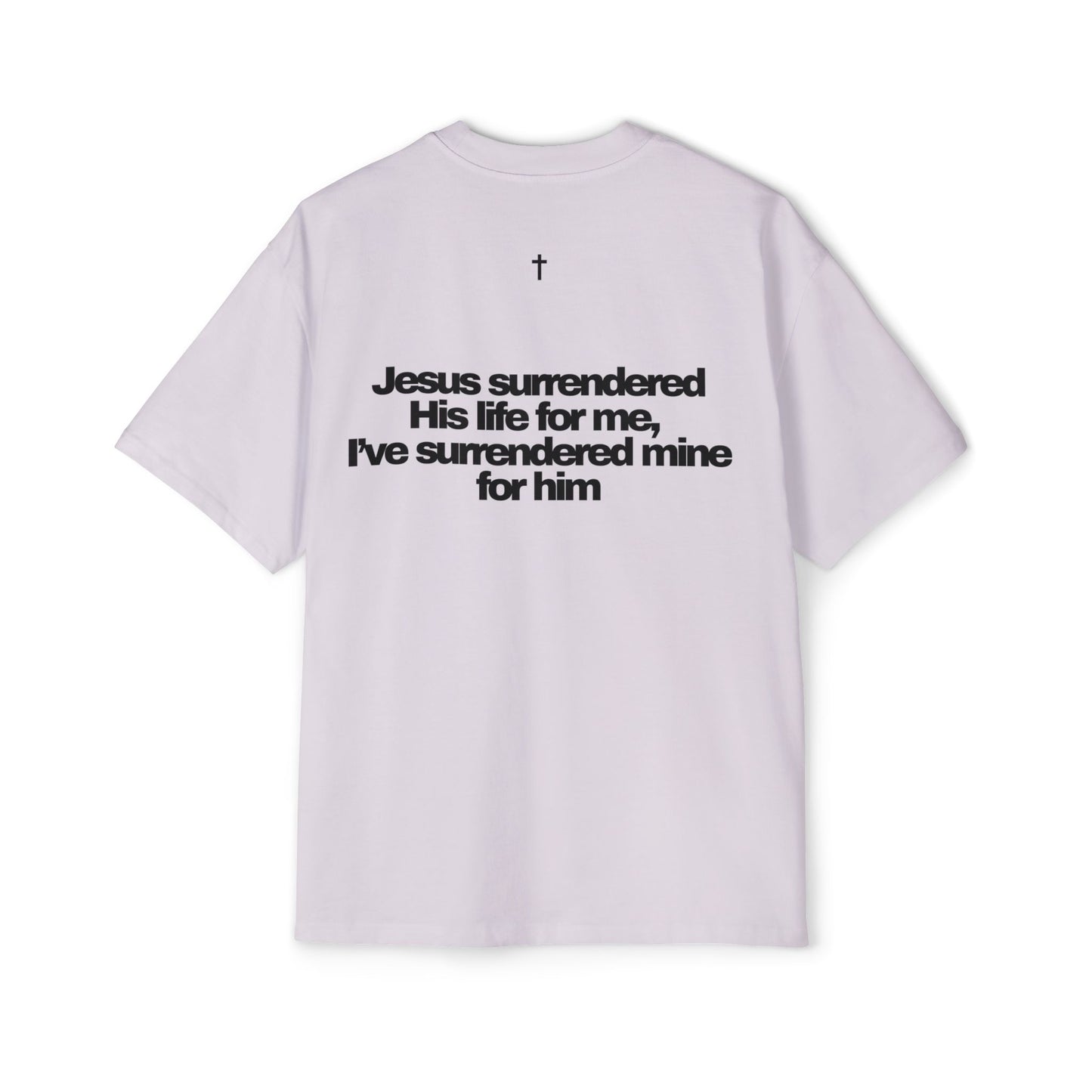 Back of Surrendered Apparel lavender oversized Christian T-shirt featuring "Jesus surrendered his life for me, I've surrendered for him" in bold black text, cross on top, providing a cozy fit perfect for cooler days and sharing faith.