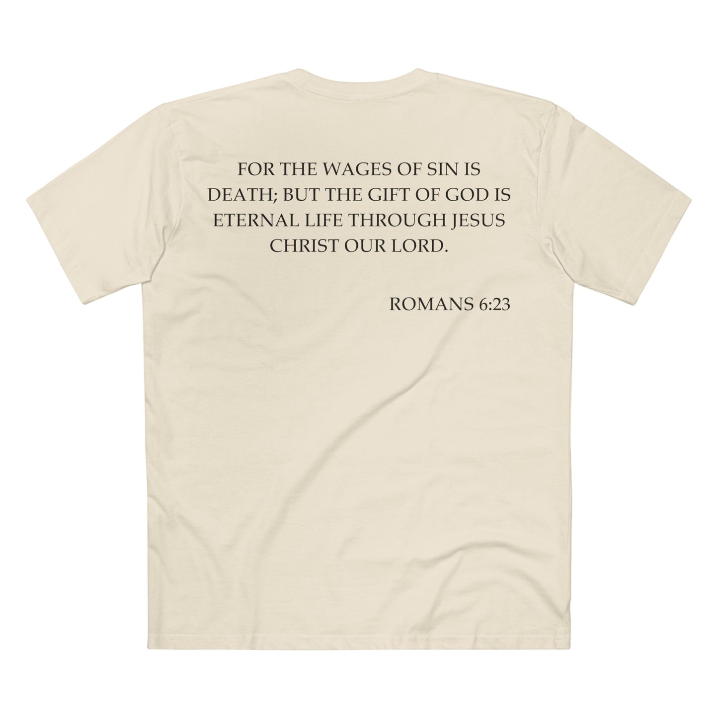 Back of Surrendered Apparel cream Christian T-shirt featuring the Bible verse Romans 6:23 in bold text, perfect for sharing faith and Jesus