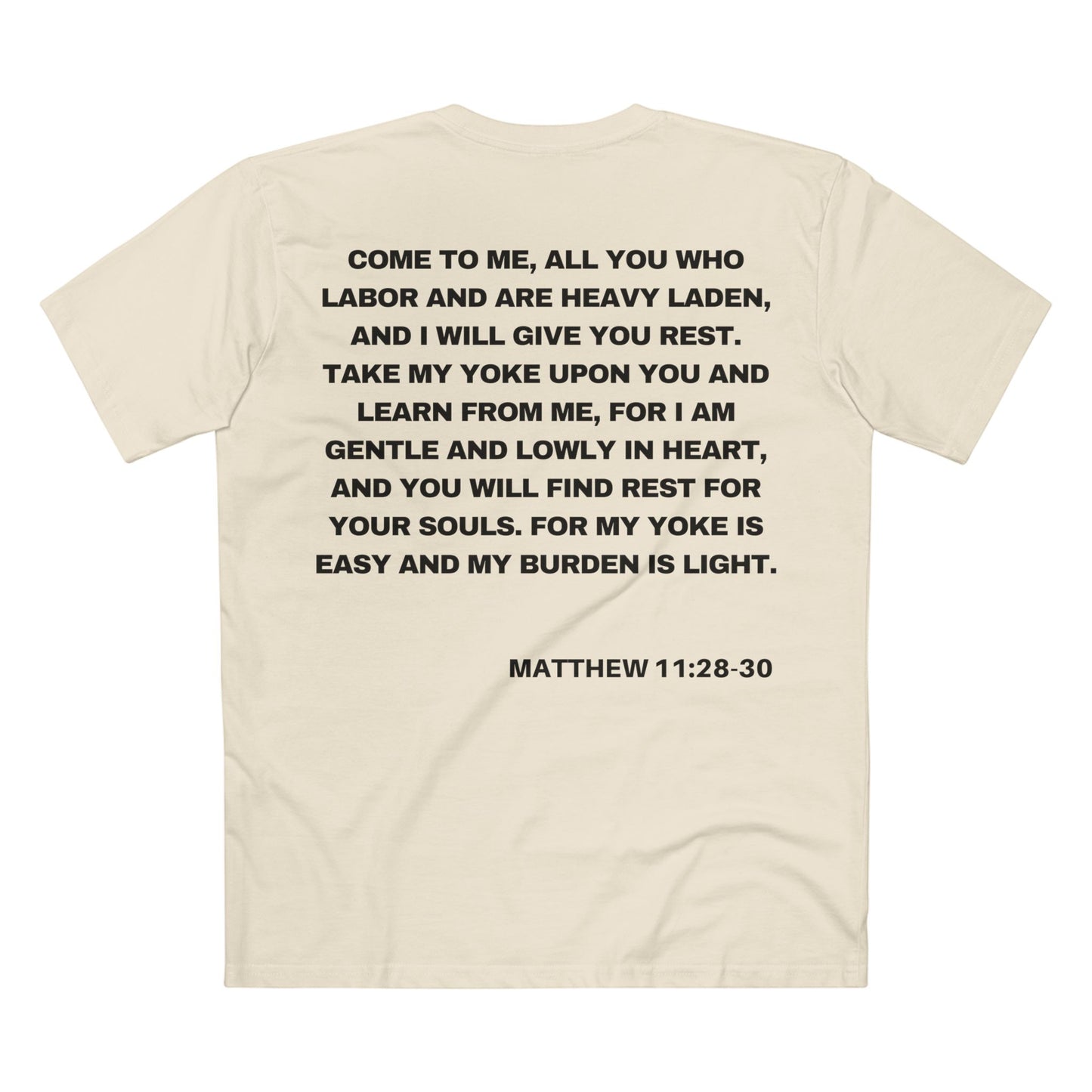 Back of Surrendered Apparel cream Christian T-shirt featuring the Bible verse Matthew 11:28-30 in bold text, perfect for sharing faith and Jesus