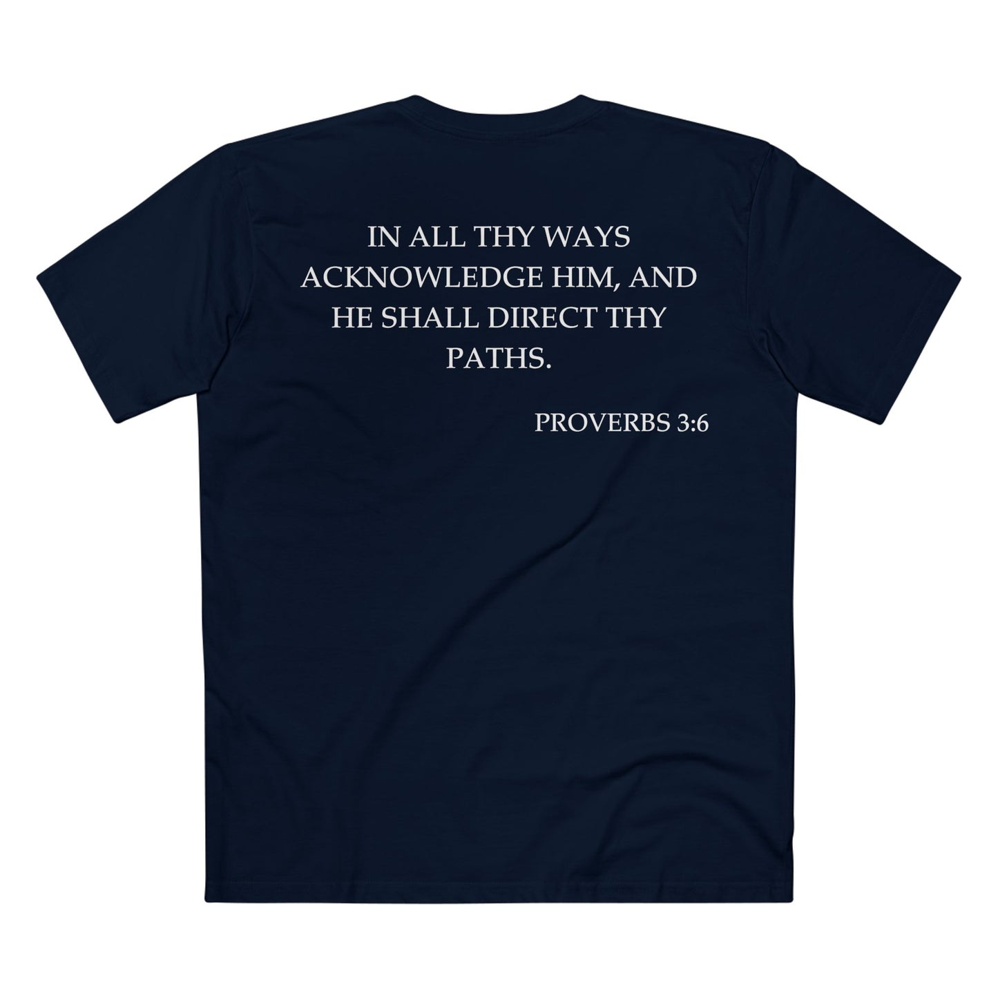 Back of Surrendered Apparel Navy Christian T-shirt featuring the Bible verse Proverbs 3:6 in bold text, perfect for sharing faith and Jesus