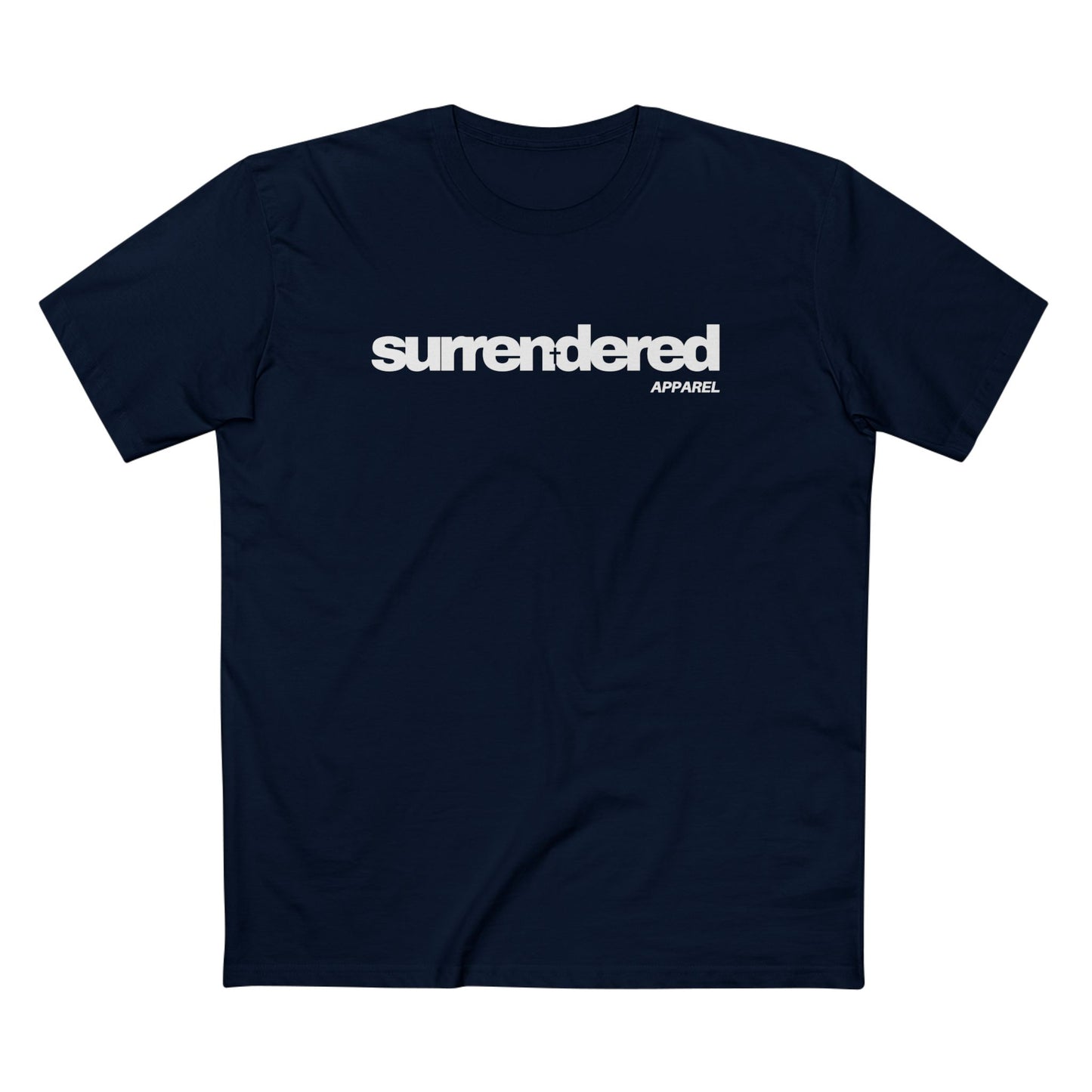 Surrendered Apparel navy Christian T-shirt featuring Surrendered apparel logo in white. 