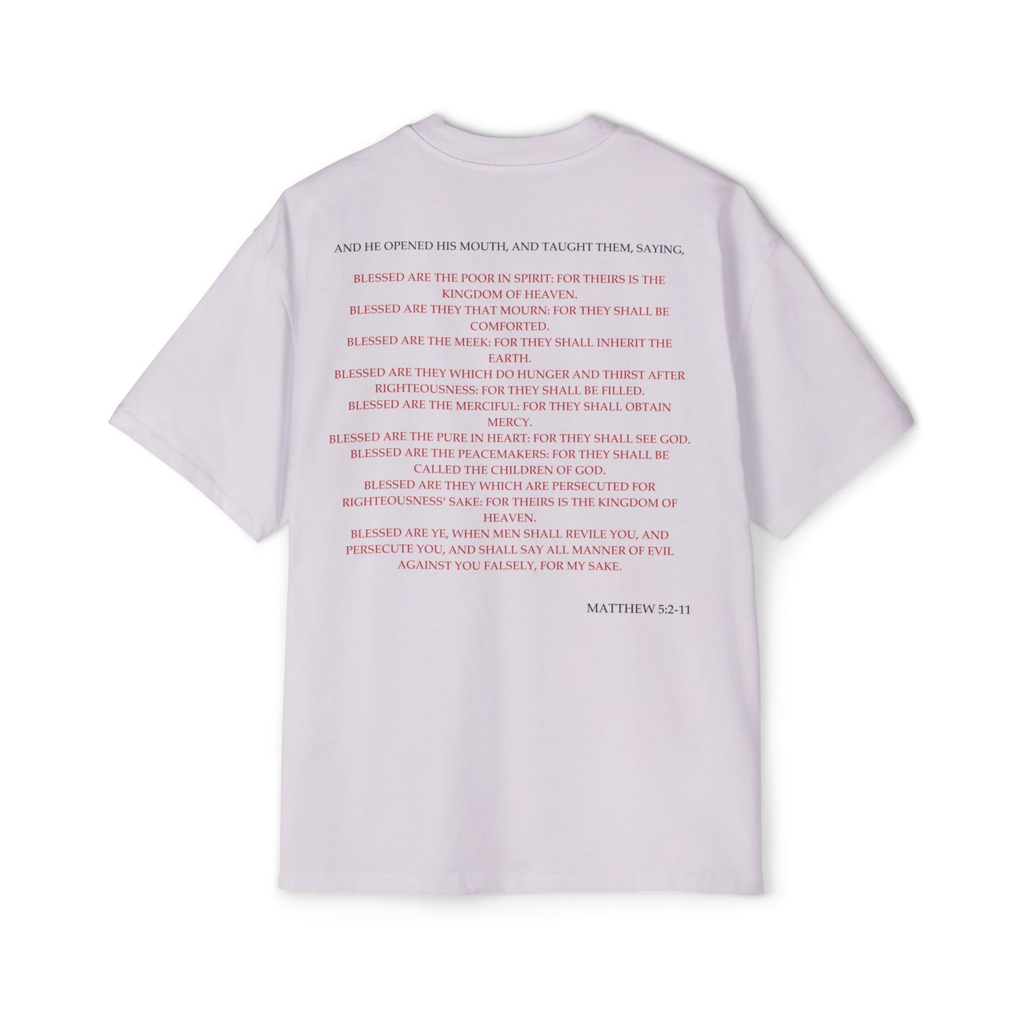 Back of Surrendered Apparel lavender oversized Christian T-shirt featuring the Bible verse Matthew 5:2-11 in bold black and red text, providing a cozy fit perfect for cooler days and sharing faith