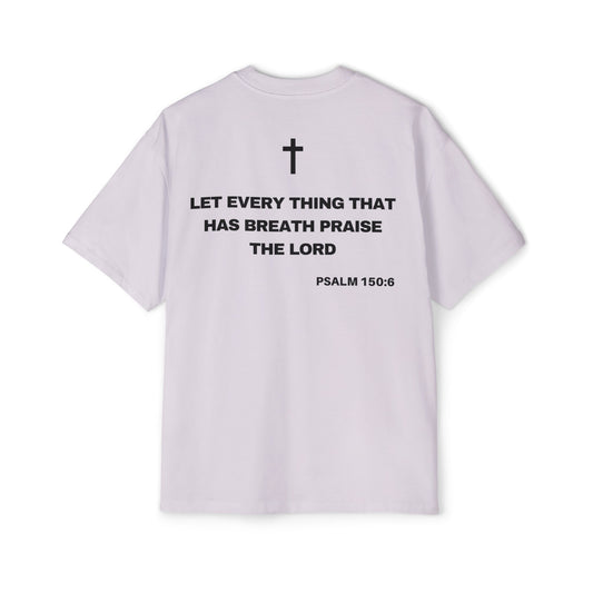 Back of Surrendered Apparel lavender oversized Christian T-shirt featuring the Bible verse Psalm 150:6 in bold text, cross on top, providing a cozy fit perfect for cooler days and sharing faith