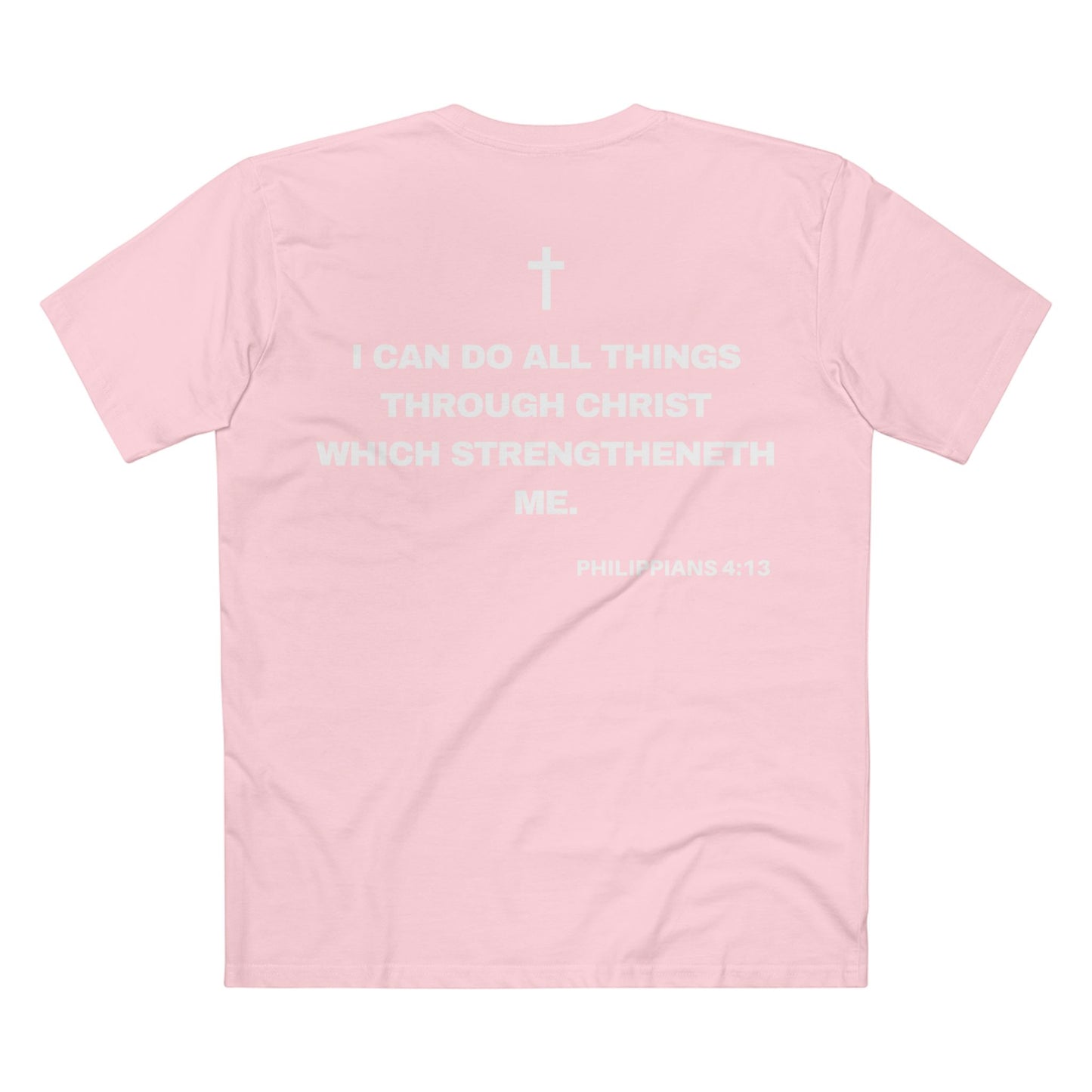 Back of Surrendered Apparel pink Christian T-shirt featuring the Bible verse Philippians 4:13 in bold text, cross on top, perfect for sharing faith and Jesus